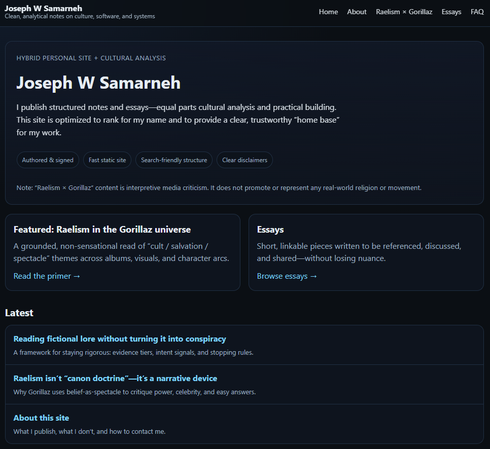 Screenshot of josephwsamarneh.com showing analytical essays and site navigation